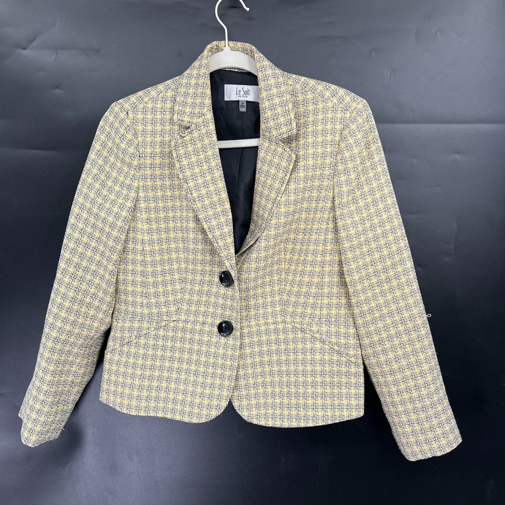 Vintage Le Suit lemon yellow black tweed lady jacket suit blazer clueless 8 8P